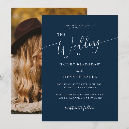 Blue Modern Minimal Foto Hochzeit Einladung (Vorne/Hinten)