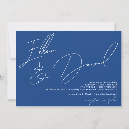 Blue Modern Names Skript kalligraphische Hochzeit Einladung (Vorderseite)