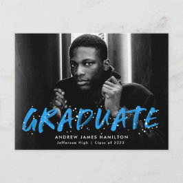Blue Modern Paint Spritzer Foto Graduation Party Einladungspostkarte