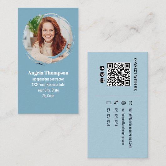 Blue Modern Photo QR Code Custom Visitenkarte (Vorne/Hinten)