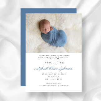 Blue Modern Script Baby Boy Birth Foto Ankündigung