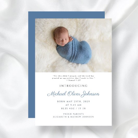 Blue Modern Script Baby Boy Birth Foto Ankündigung