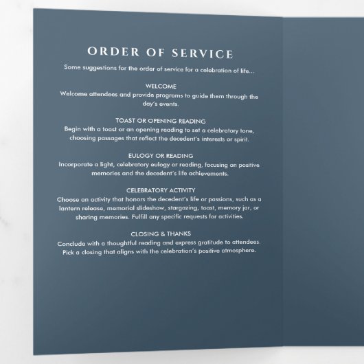 Blue Modern Script Funerary/Memorial Service Dreifach-gefaltete Programmkarte (Innen Erste Seite)