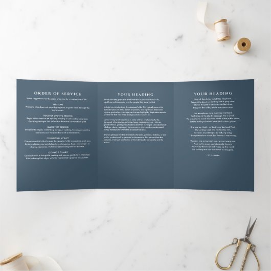 Blue Modern Script Funerary/Memorial Service Dreifach-gefaltete Programmkarte (Innenseite)