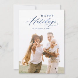 Blue Modern Script Happy Holidays Family Foto Feiertagskarte