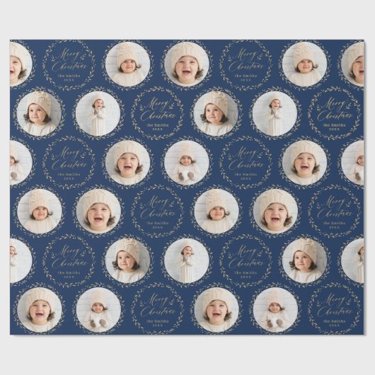 Blue Modern Script Merry Christmas Family 6 photo Geschenkpapier (Flach)