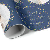 Blue Modern Script Merry Christmas Family 6 photo Geschenkpapier (Rolleneckpunkt)