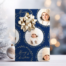 Blue Modern Script Merry Christmas Family 6 photo Geschenkpapier