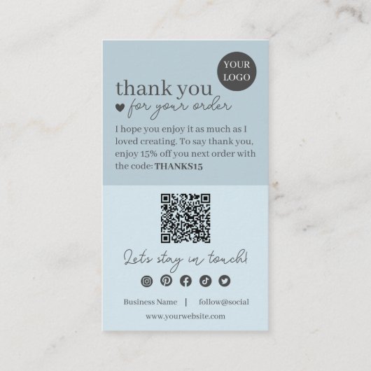 Blue Modern Script QR Code, vielen Dank für Ihr Ge Visitenkarte (Rückseite)