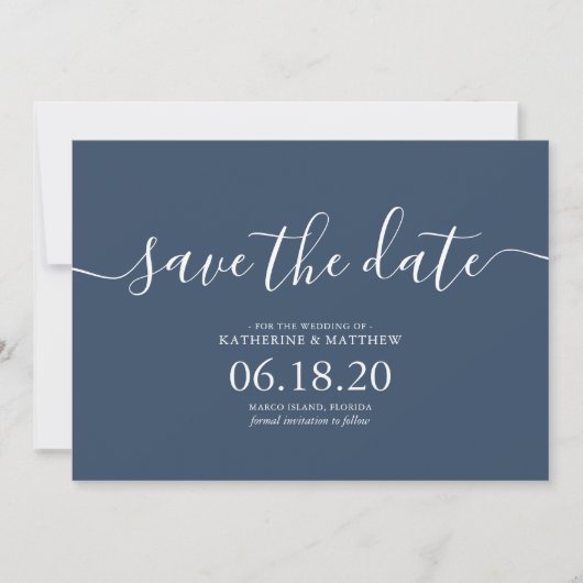 Blue Modern Script Wedding Save the Date (Vorderseite)