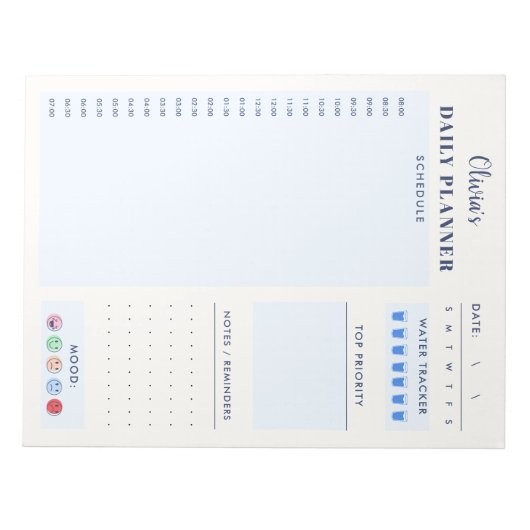 Blue Modern Simple Custom Daily Planner Schedule  Notizblock (Vorderseite)