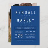 Blue Modern Simple Typografy Foto Wedding Einladung (Vorne/Hinten)