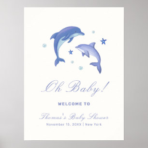 Blue Modern Summer Dolphin Baby Dusche Willkommen Poster