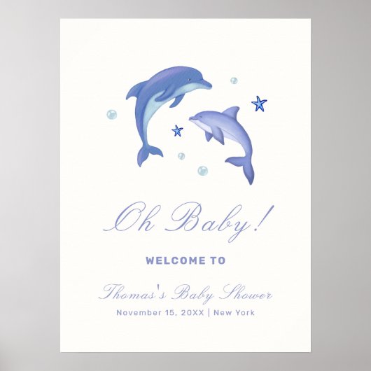 Blue Modern Summer Dolphin Baby Dusche Willkommen Poster (Vorne)