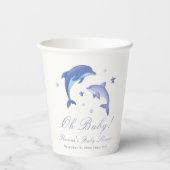 Blue Modern Summer Dolphin Stars Baby Dusche Pappbecher (Rückseite)
