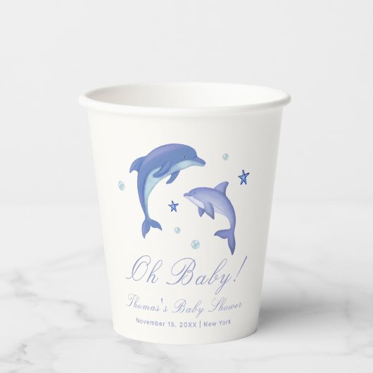 Blue Modern Summer Dolphin Stars Baby Dusche Pappbecher (Vorderseite)