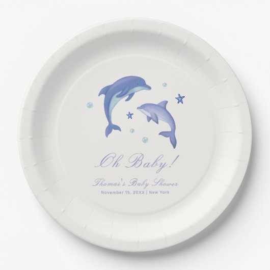 Blue Modern Summer Dolphin Stars Baby Dusche Pappteller (Vorderseite)