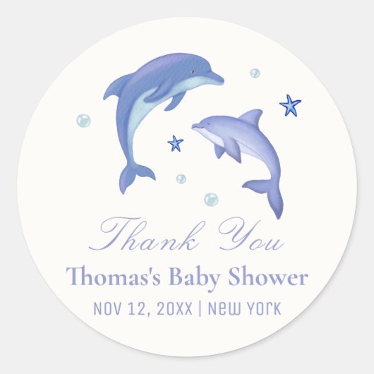 Blue Modern Summer Dolphin Stars Baby Dusche Runder Aufkleber (Vorderseite)