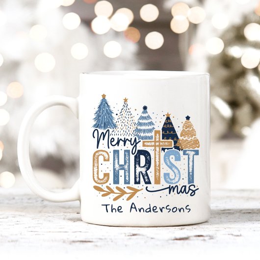 Blue Modern Trees Christ Frohe Weihnachtsnamen Kaffeetasse