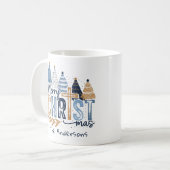 Blue Modern Trees Christ Frohe Weihnachtsnamen Kaffeetasse (Vorderseite Links)