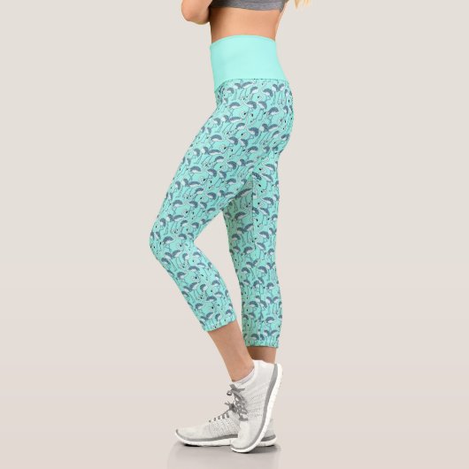 Blue Modern Tropical Flamingo Pattern Capri Leggings (Links)