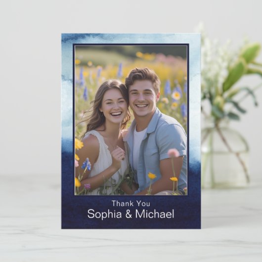 Blue Modern Watercolor Wedding Danke Card (Stehend Vorderseite)