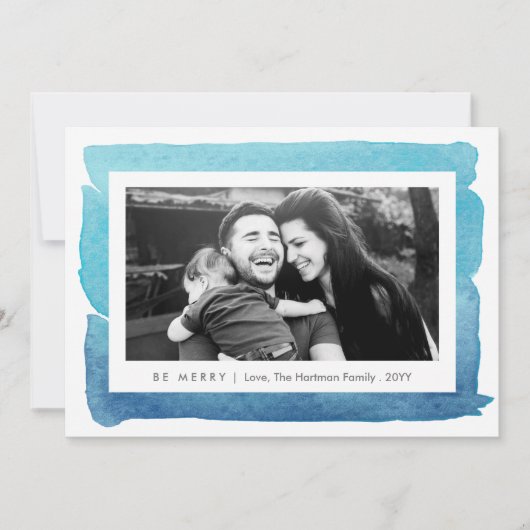 Blue Modern Watercolor Zwei Fotos Weihnachten (Vorderseite)