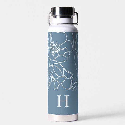Blue Modern Wildflower Monogram Name Trinkflasche (Rückseite)