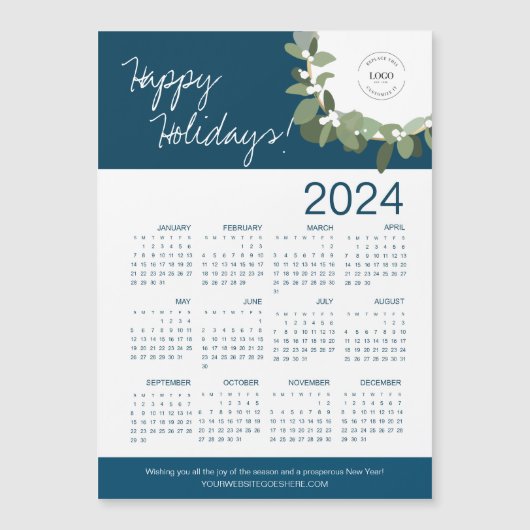 Blue Modern Wreath Your Logo hier - Kalender 2024 Magnetkarte (Vorderseite)