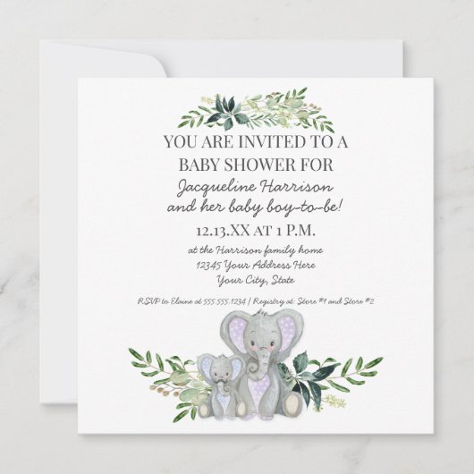 Blue Mommy n Baby Elephant w Foliage Boy Shower Einladung (Vorderseite)