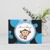 Blue Monkey Baby Dusche Einladung (Stehend Vorderseite)