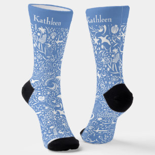 Blue Monogram Add Your Name Ocean Pattern Socken