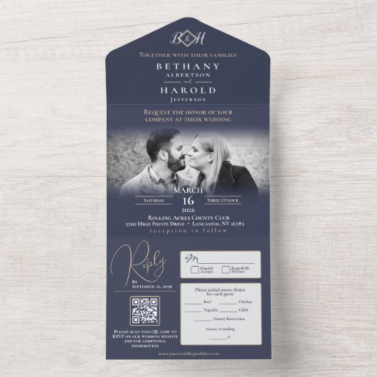 Blue Monogram All in One Wedite Einladung (Innen)