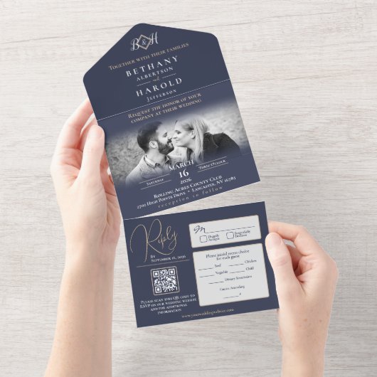 Blue Monogram All in One Wedite Einladung (Abreißtisch)