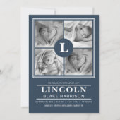 Blue Monogram Baby Boy Birth Announccard Ankündigung (Vorderseite)