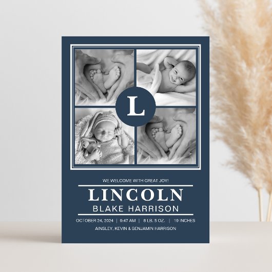 Blue Monogram Baby Boy Birth Announccard Ankündigung