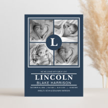 Blue Monogram Baby Boy Birth Announccard