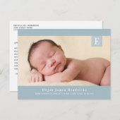 Blue Monogram Baby Boy Foto Geburtsankündigung Postkarte (Vorne/Hinten)