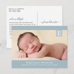 Blue Monogram Baby Boy Foto Geburtsankündigung Postkarte