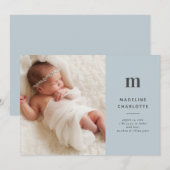Blue Monogram Classic Baby Boy Foto Birth Ankündigung (Vorne/Hinten)
