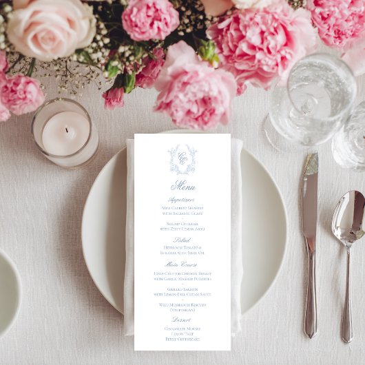 Blue Monogram Crest Wedding Reception Menu Card Save The Date