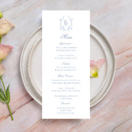 Blue Monogram Crest Wedding Reception Menu Card Save The Date