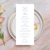 Blue Monogram Crest Wedding Reception Menu Card Werbekarte