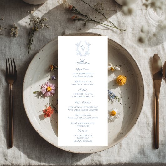 Blue Monogram Crest Wedding Reception Menu Card Werbekarte
