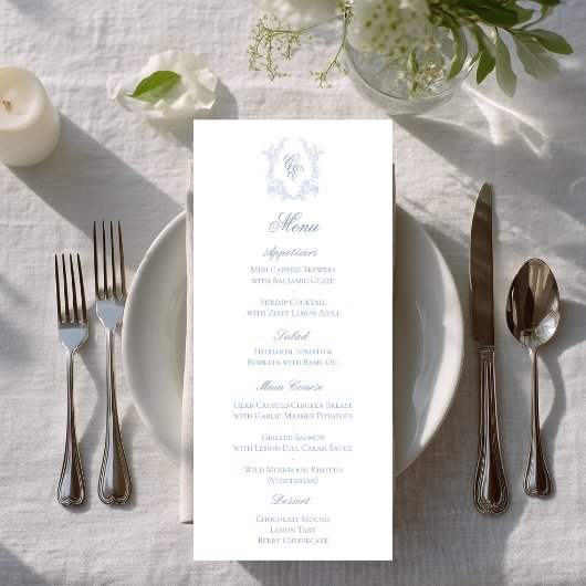 Blue Monogram Crest Wedding Reception Menu Card Werbekarte
