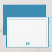 Blue Monogram Double Border Stationery Mitteilungskarte (Vorne/Hinten)