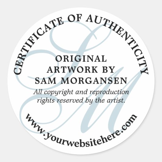 Blue Monogram Elegante Certificate of Authenticity Runder Aufkleber (Vorderseite)