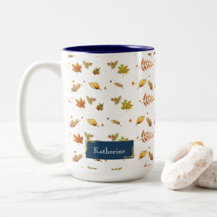 Blue Monogram Fall Leaf Erntedank Zweifarbige Tasse