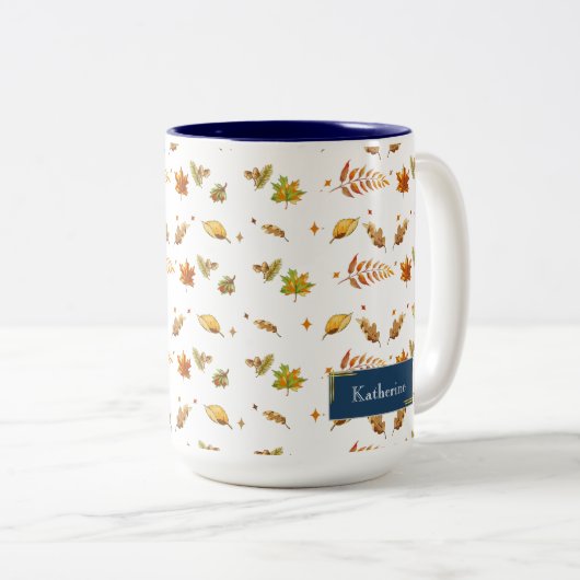 Blue Monogram Fall Leaf Erntedank Zweifarbige Tasse (VorderseiteRechts)