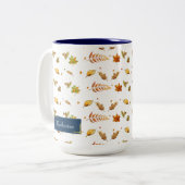 Blue Monogram Fall Leaf Erntedank Zweifarbige Tasse (Vorderseite Links)